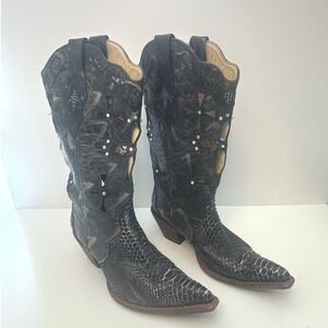 Corral Distressed Black Leather Python Cowboy Boots Rhinestone Cutout Womens 8M